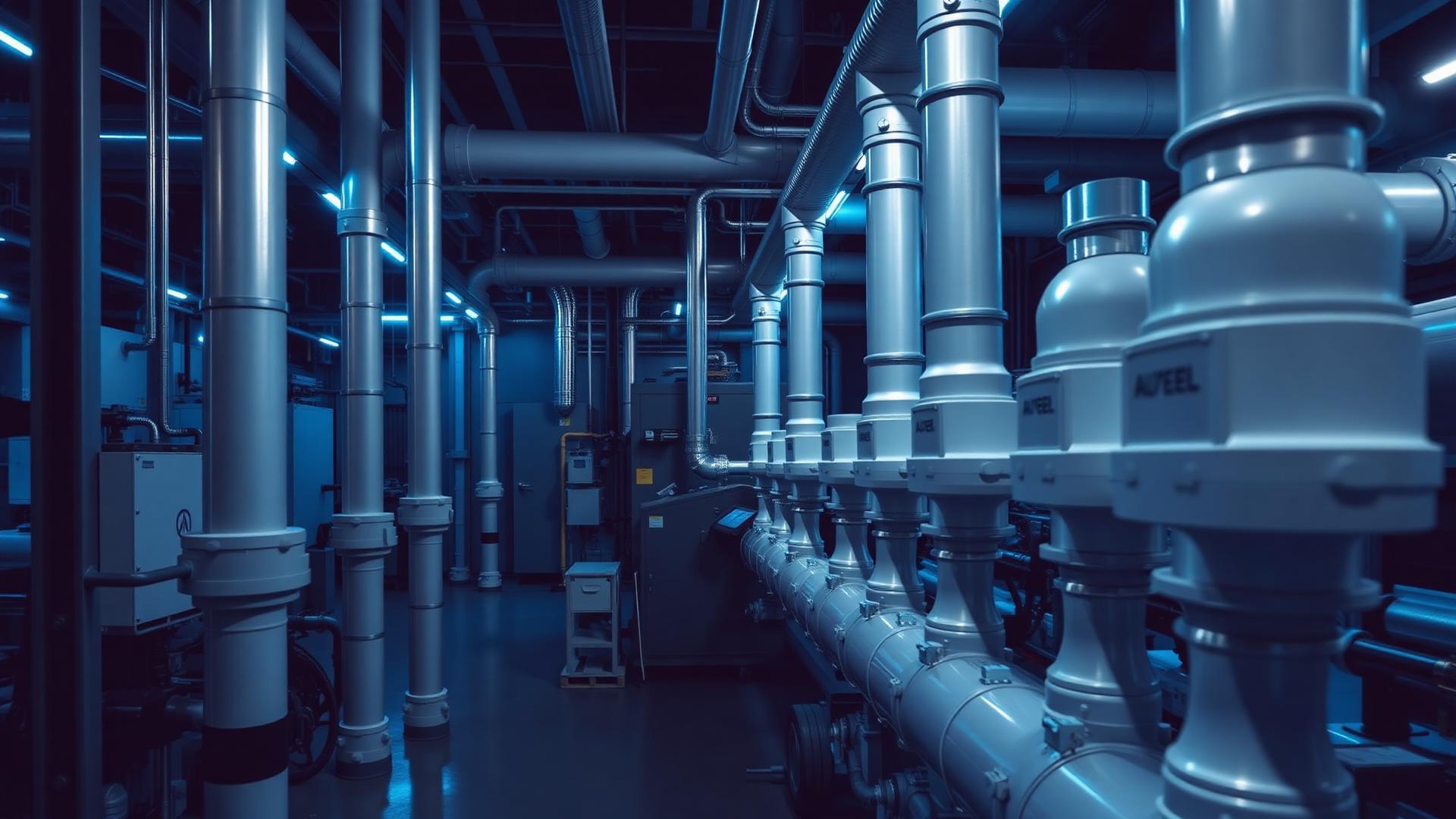 Instalação industrial moderna com tubulação e equipamentos